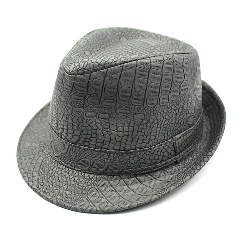 Mens PU Leather Crocodile Pattern Jazz Hat Outdoor Middle-aged Wide Brimmed Fedora Hat (Color Black)