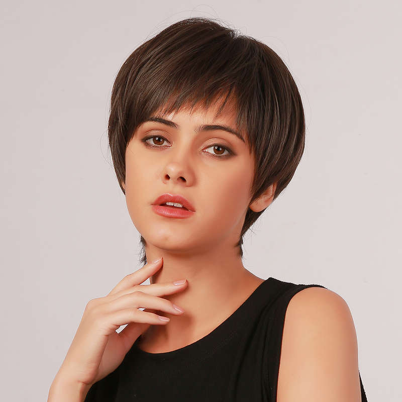 9 Inch Dark Brown Short Straight Hair Breathable Bangs High Temperature Fiber Wig