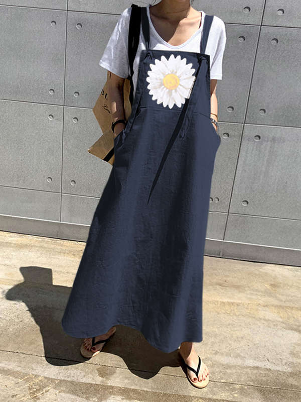 Small Daisies Print Adjustable Strap Casual Loose A-line Maxi Dress with Pocket (Size S Color Khaki)