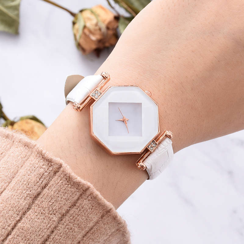 Fahion Diamond Mirror Watch Ladies Dress Ultra-thin Leather Women Quartz Watch (Color White)