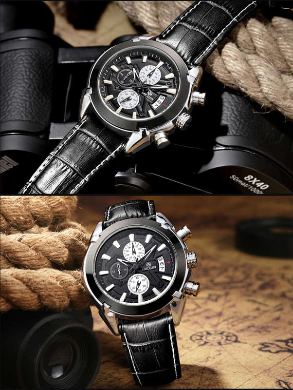 MEGIR M2015 Men Watch Leather Strap Multifunction Chronograph Fashion Casual Quartz Wrist Watch