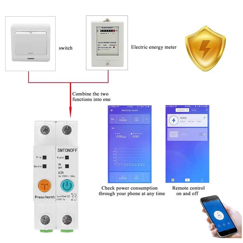 2P 63A eWelink Single Phase Din Rail WIFI Smart Switch Energy Meter Leakage Protection Remote Read K