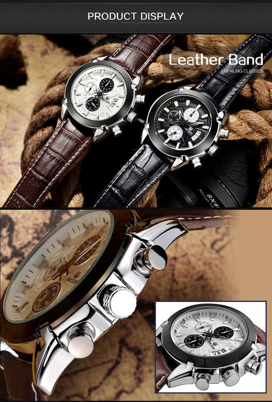 MEGIR M2015 Men Watch Leather Strap Multifunction Chronograph Fashion Casual Quartz Wrist Watch