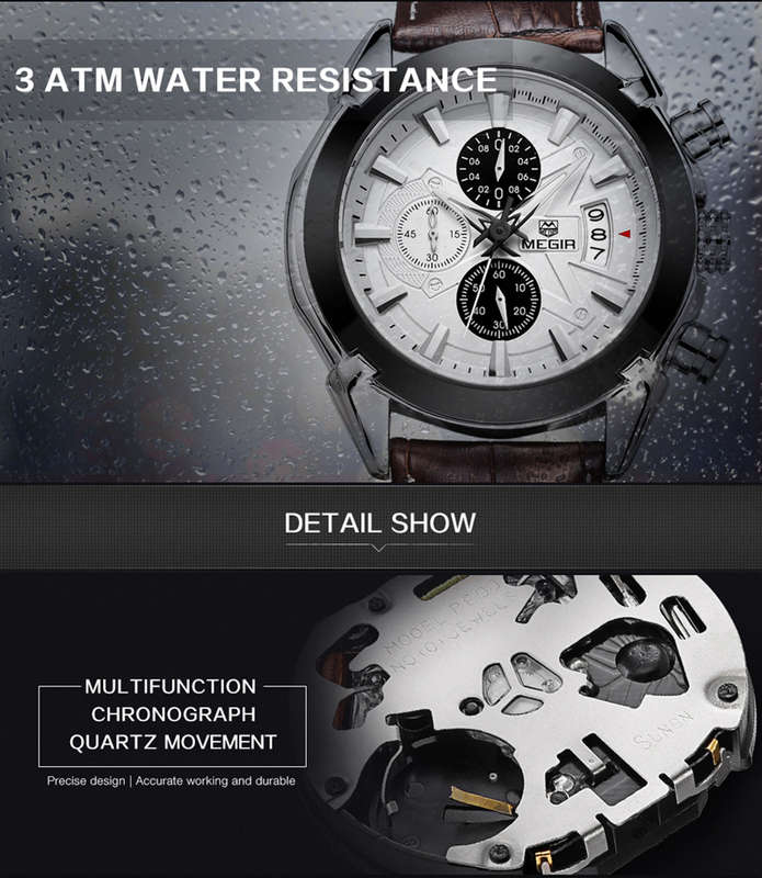 MEGIR M2015 Men Watch Leather Strap Multifunction Chronograph Fashion Casual Quartz Wrist Watch