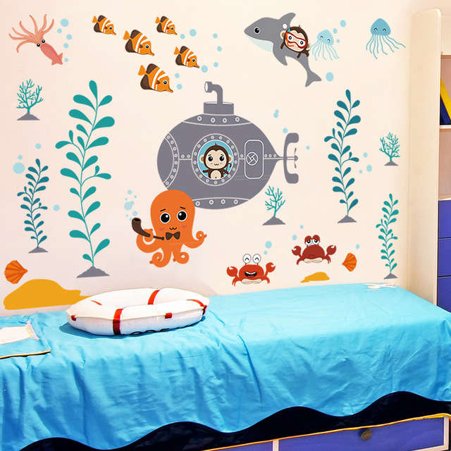 New Cartoon Children's Room Baby Bedroom Decoration Underwater World Wall Sticker Cute Bathroo