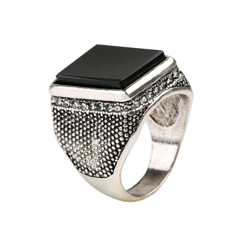 20mm Punk Resin Black Color Geometry Rhinestone Ancient Gold Finger Ring for Men