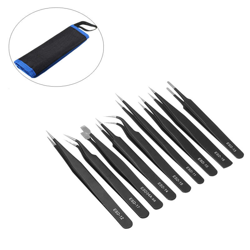 DANIU 9pcs ESD Stainless Steel Anti-static Tweezers with Storage Bag Teardown Electronic Maintenance Tool