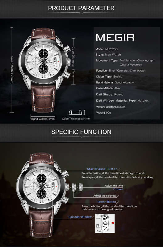 MEGIR M2015 Men Watch Leather Strap Multifunction Chronograph Fashion Casual Quartz Wrist Watch