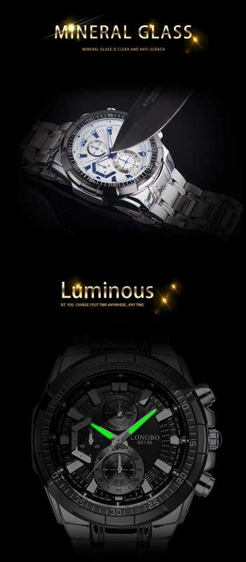 LONGBO 80135 Military Style Stainless Steel Men Quartz Watch