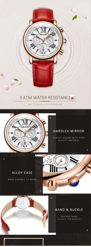 MEGIR 2058 Women Watch Luxury Roman Number Leather Strap Ladies Quartz Watch
