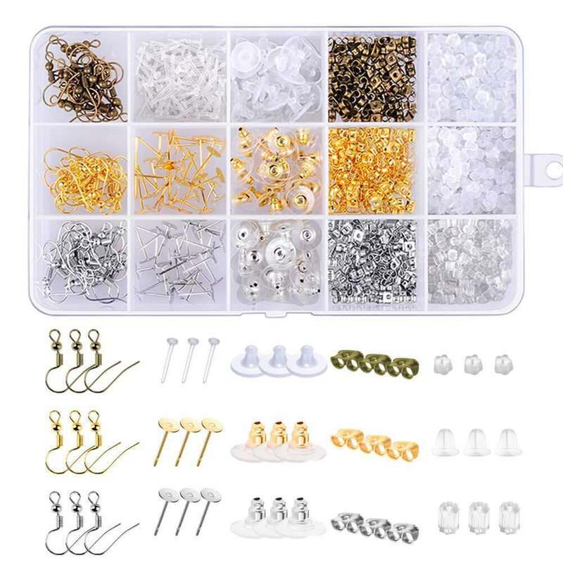 1200Pcs Earring Backs Kit with 15 Style DIY Jewelry Earring backings, Earring hooks and Earrings pos