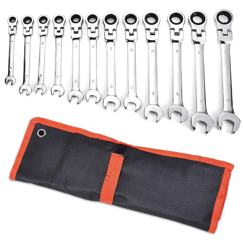 12Pcs Flex Head Ratcheting Wrench Set 8-19mm Metric Combination Spanner