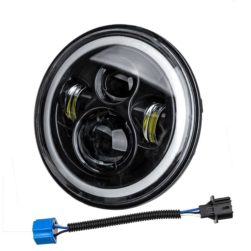 7'' 75W 6000K DRL Amber Halo Angle Eyes Projector LED Round Headlights Hi/Lo