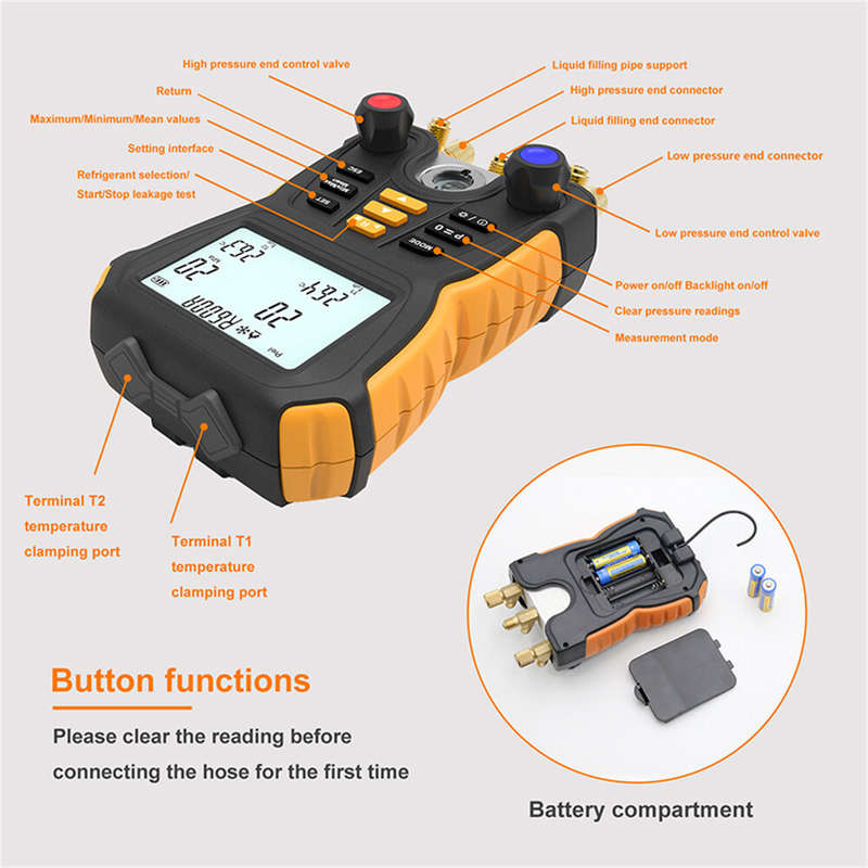 HTI Digital Pressure Gauge HT-750 Electronic Manifold Instrument Refrigeration Pressure Meter Temper