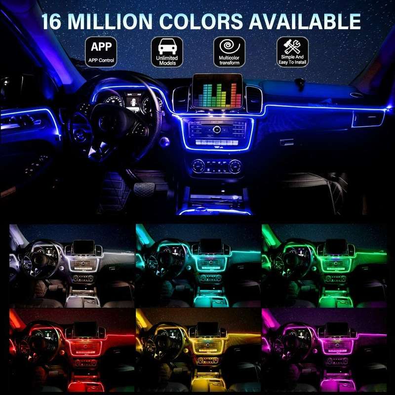 5IN1 6M RGB LED Atmosphere Car Interior Ambient Light Fiber Optic Strips Light by App Control Neon L