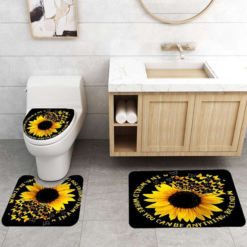 4PCS Sunflower Printing Waterproof Shwoer Curtain Set Anti-slip Dustproof Bath Toilet Seat Cover Lid