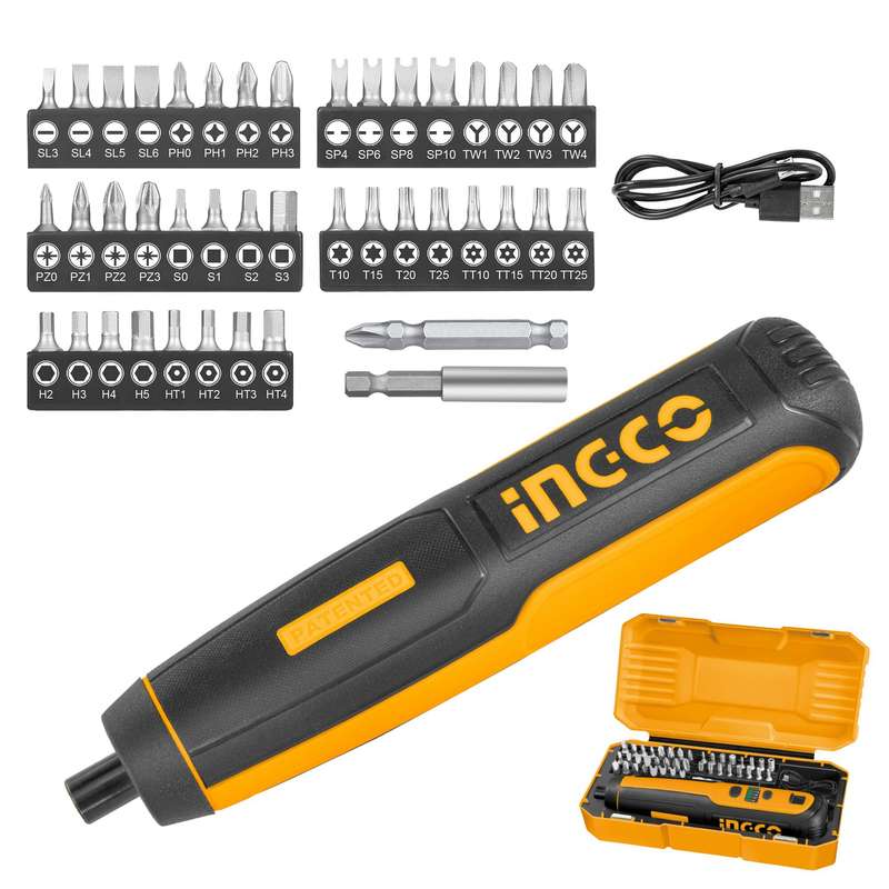 INGCO CSDLI0403 4Nm Electric Cordless Screwdriver with 40pcs 25mm Cr-V Bits LED Light Charging Adapt