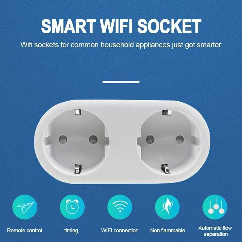 2 In 1 Tuya WIFI Smart Socket Dual Outlet EU Plug Voice Control Wireless Smart Socket APP Remote Con