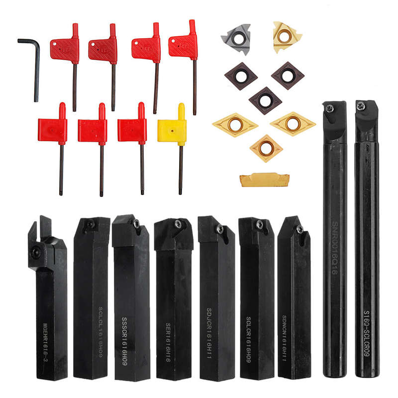 Drillpro 9pcs 16mm Shank Lathe Boring Bar Turning Tool Holder Set with Carbide Inserts