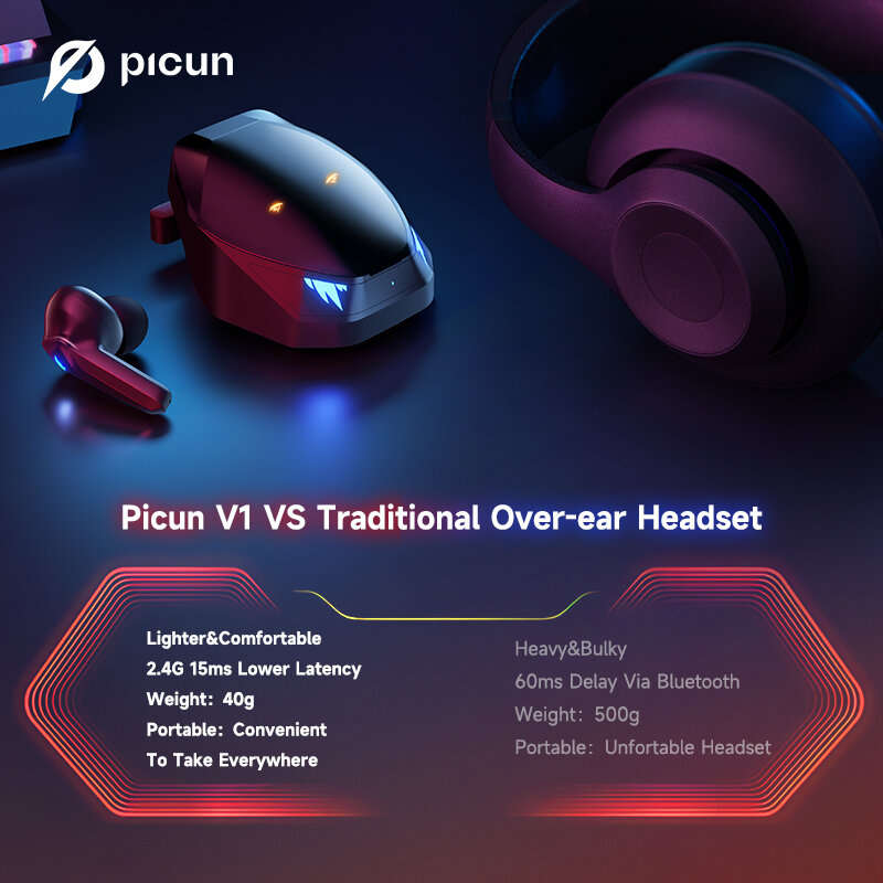 Picun V1 Gaming Earbuds TWS bluetooth 5.3 Earphone 15ms Low Latency with 2.4Ghz Dongle 3D Stereo Sur