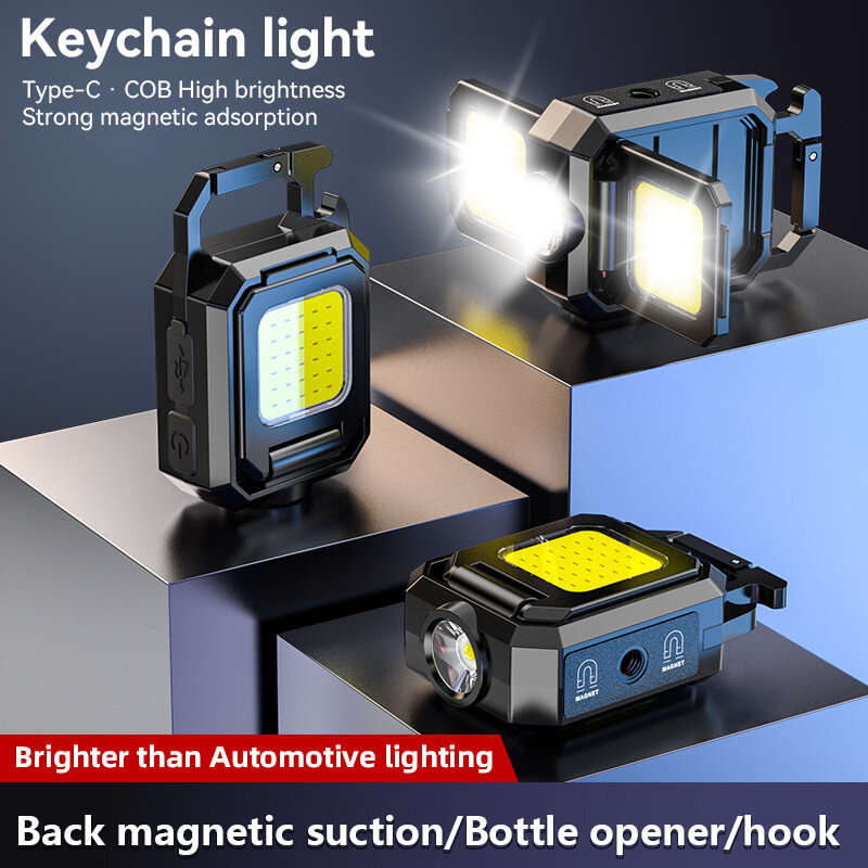 Mini LED Flashlight Keychain Light Double COB Lights with Magnet Built-in Battery USB Rechargeable W
