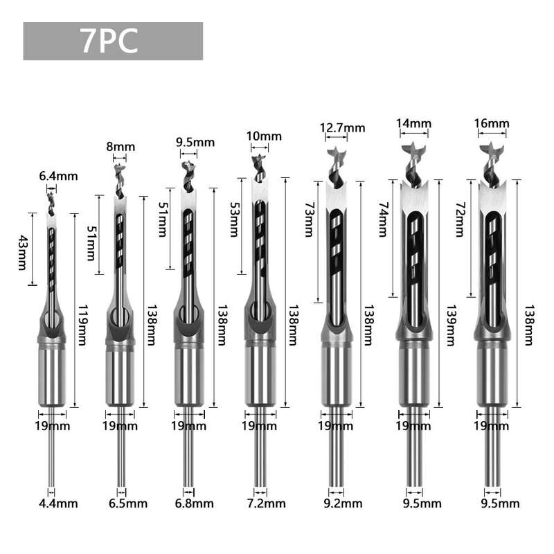 7PCS Woodworking Square Hole Drill Bit Mortising Chisel Drill Auger Drill Core Spade Drill Set 6.4/8