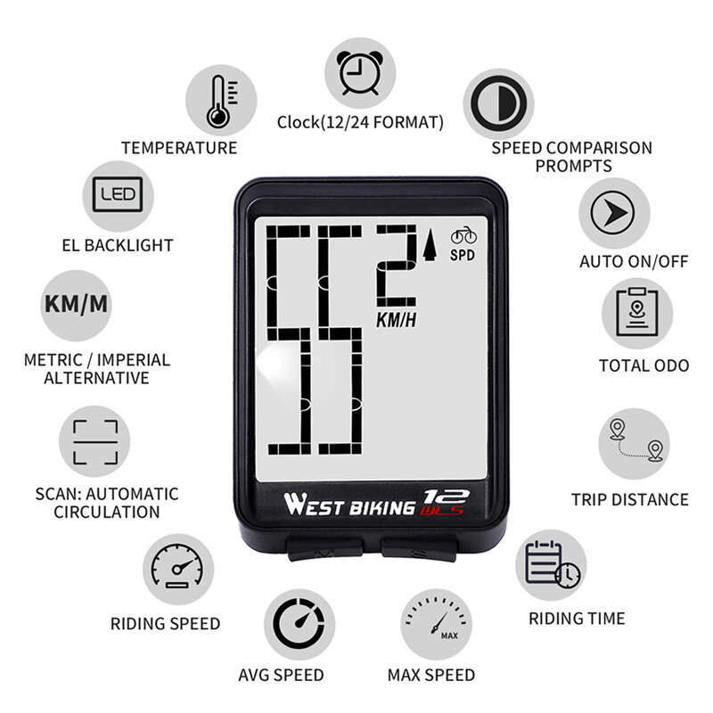 WEST BIKING Smart Bike Computer 2.16 inch LED Digital Display Wireless Sensor Speed Accurate Data Re