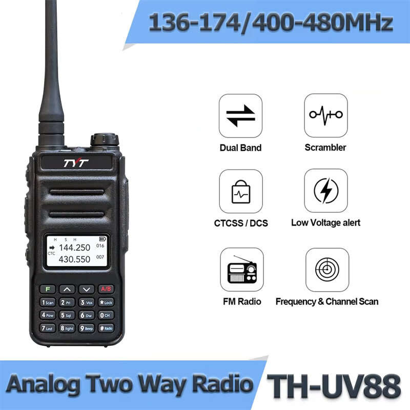 TYT TH-UV88 5W Walkie Talkies Dual Band Two Way Radio VHF/UHF 200 Channels VOXs FM Radio LCD Display