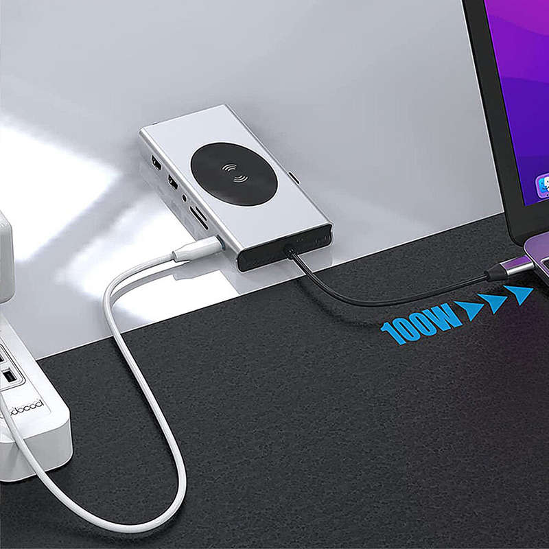 Pobod 14 in 1 Type-C Docking Station with Wireless Charger USB3.0*3 USB2.0*2 PD100W USB-C 4K@30Hz HD