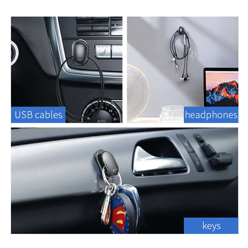 Baseus 4Pcs Car Hooks Organizer Storage Hanger for USB Cable Headphone Key Storage Car Adhesive Hook