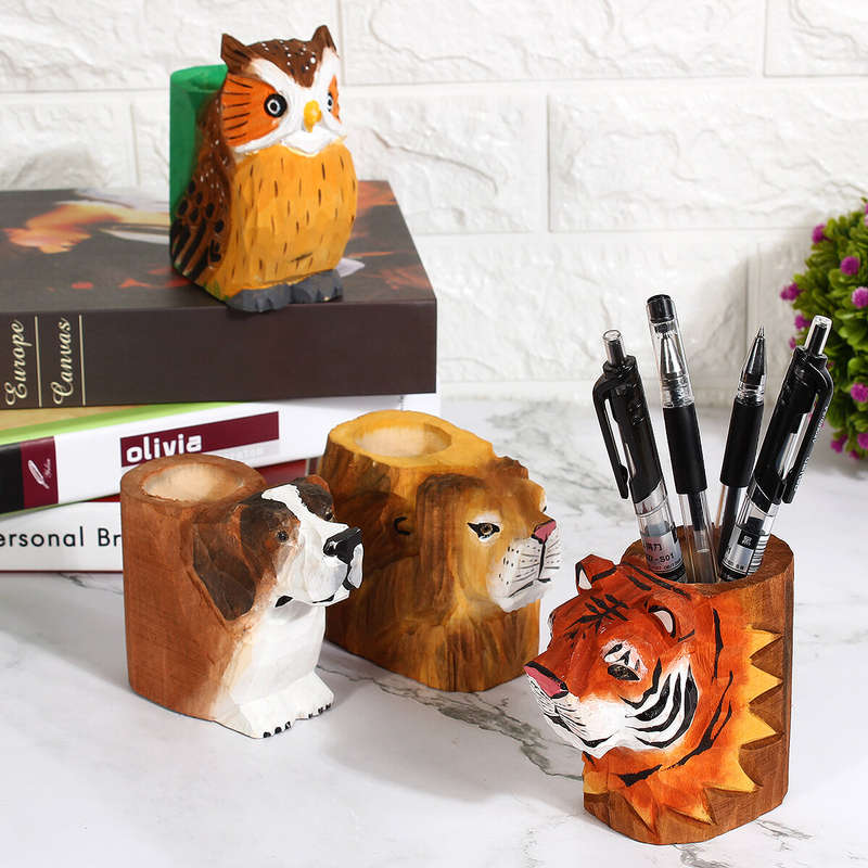 Animal Types Pen Holder Creative Hand Carved Wooden Pen Holder Lion Tiger Owl Dog Pattern Pen Organi