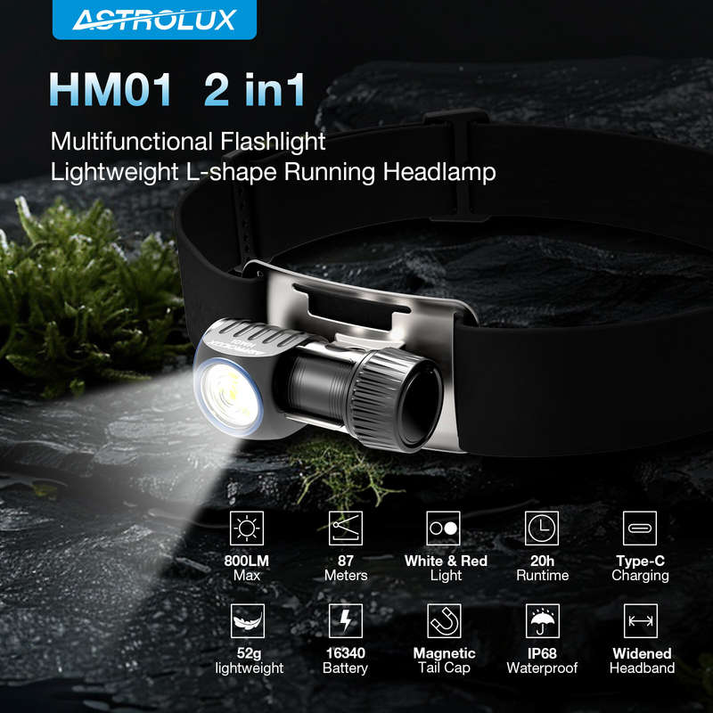 Astrolux HM01 Lightweight L-Shape Running Headlamp 800LM 87M Throw White and Red Light LED Portable