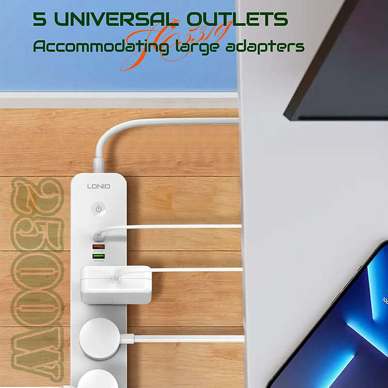 LDNIO SC5319 2500W Power Strip 5AC+2A+1C Universal Electronic Socket Adapter with 2M Extension Cord