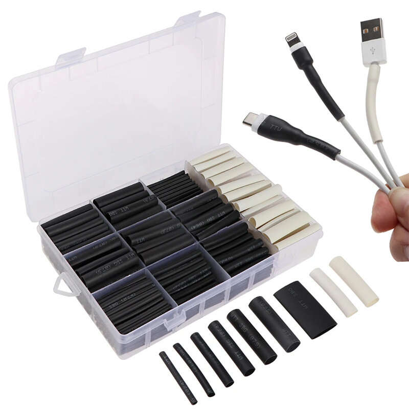 300Pcs/lot Polyolefin Shrinking Assorted 3:1 Heat Shrink Black White Tube Wire Cable Insulated Sleev