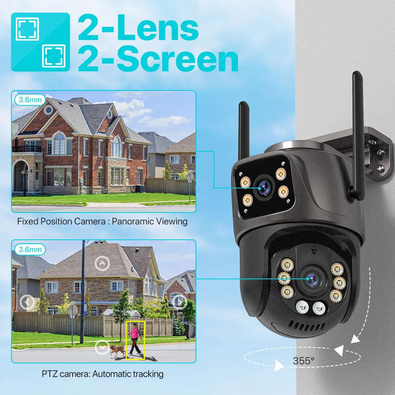 6MP HD Dual Lens Wifi IP Camera PTZ Outdoor AI Tracking Two Way Audio Night Vision Full Color Camera