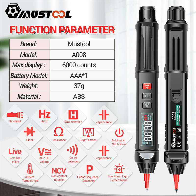 MUSTOOL A008 Digital Multimeter Auto Sensor Pen 6000 Counts Non-contact Voltage Tester VA Color Reve