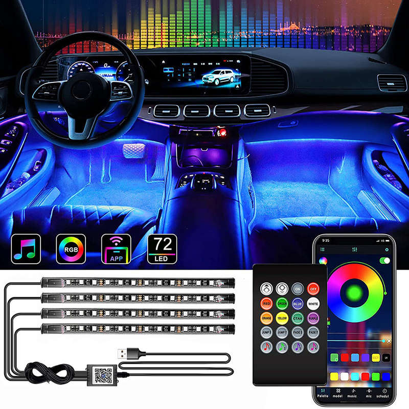 72LED Car Interior Ambient Foot Strip Light Backlight Remote with App Music Remote Control RGB Decor