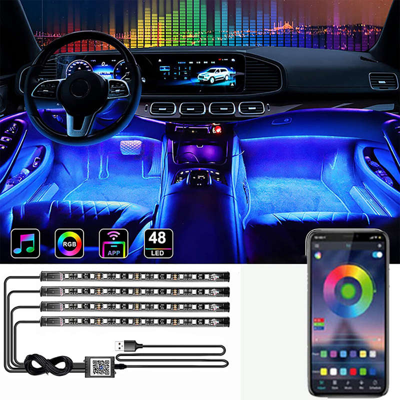 48 LED Car Interior Ambient Foot Strip Light Backlight Remote App Music Control Auto RGB Decorative