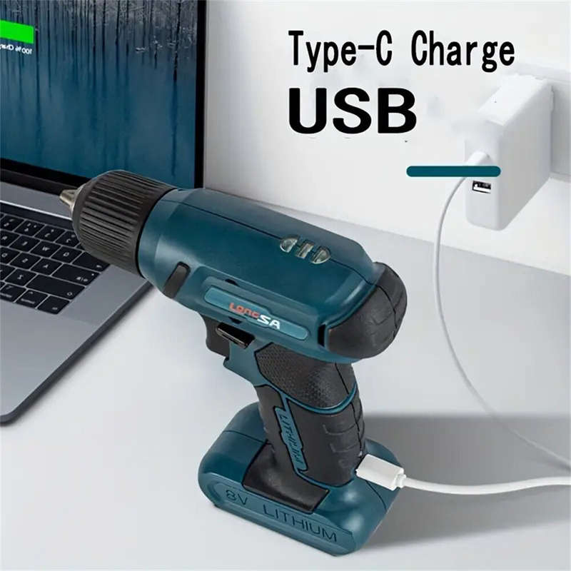 8V Cordless Electrical Drill Set USB Rechargeable 1300mAh Li-Ion Battery LED Light Forward/Reverse A
