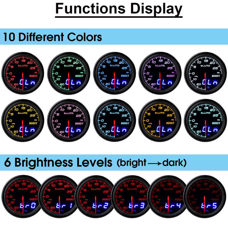 Car Turbo Boost Gauge 2" 52mm PSI Meter Analog/Digital 7 Colors LED Du