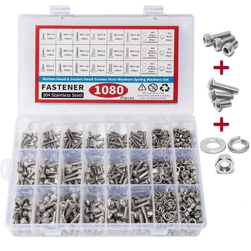 1080pcs Nuts And Bolts Assortment Kit M3 M4 M5 M6 Screw Set Button Head & Socket Head Metric Screws
