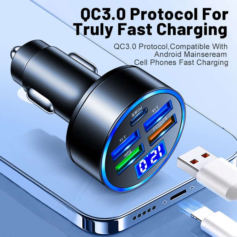150W 5-Port USB PD Car Charger Adapter 4USB-A+1Type-C PD QC3.0 Fast Charging with Blue LED for iPhon