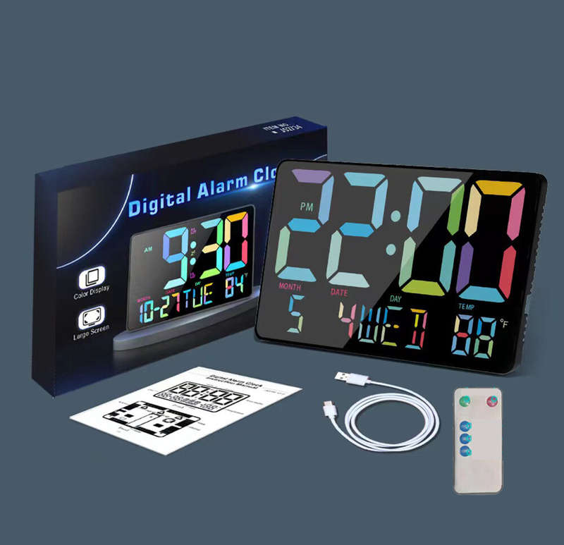 AGSIVO Large Rainbow LED Digital Alarm Clock Wall Clock with Remote Control / Calendar / Temperature