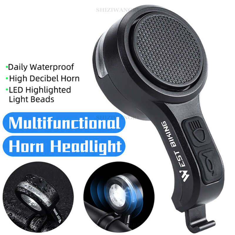 WEST BIKING 2 in 1 Horn Headlight 120dB High Sound Bicycle Bell Horn 5 Light Modes 400mAh Type-C Wat