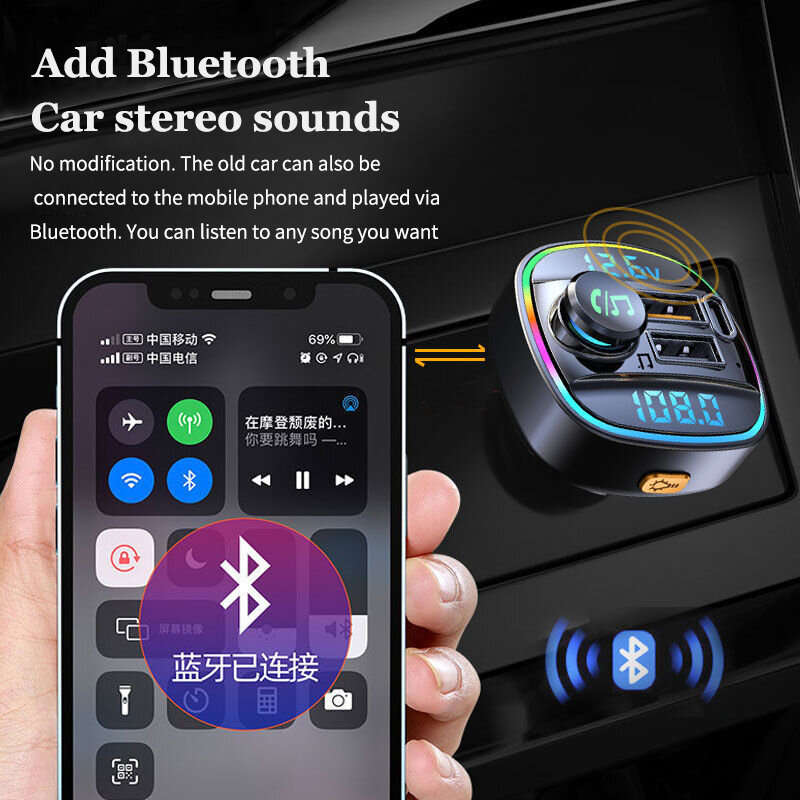 Dual Display Car bluetooth V5.0 FM Transmitter 20W PD + QC3.0 USB Car Charger 7 Colors RGB Backlit L