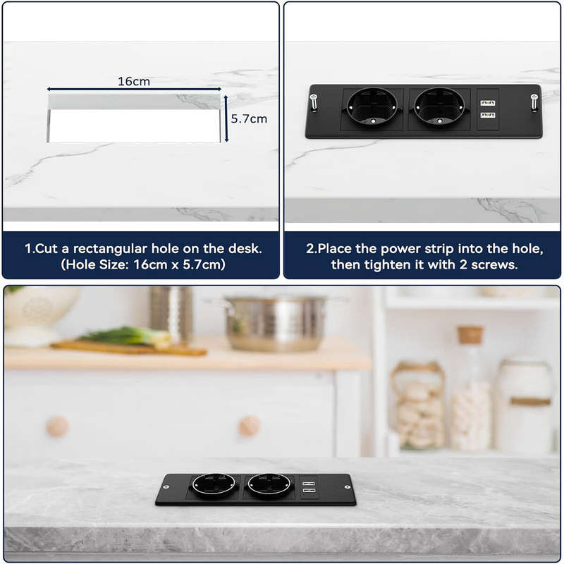2Pcs Table Socket with 2 USB 2 Sockets Built-in Socket 2-Way Installation Power Strip with 2 Screws