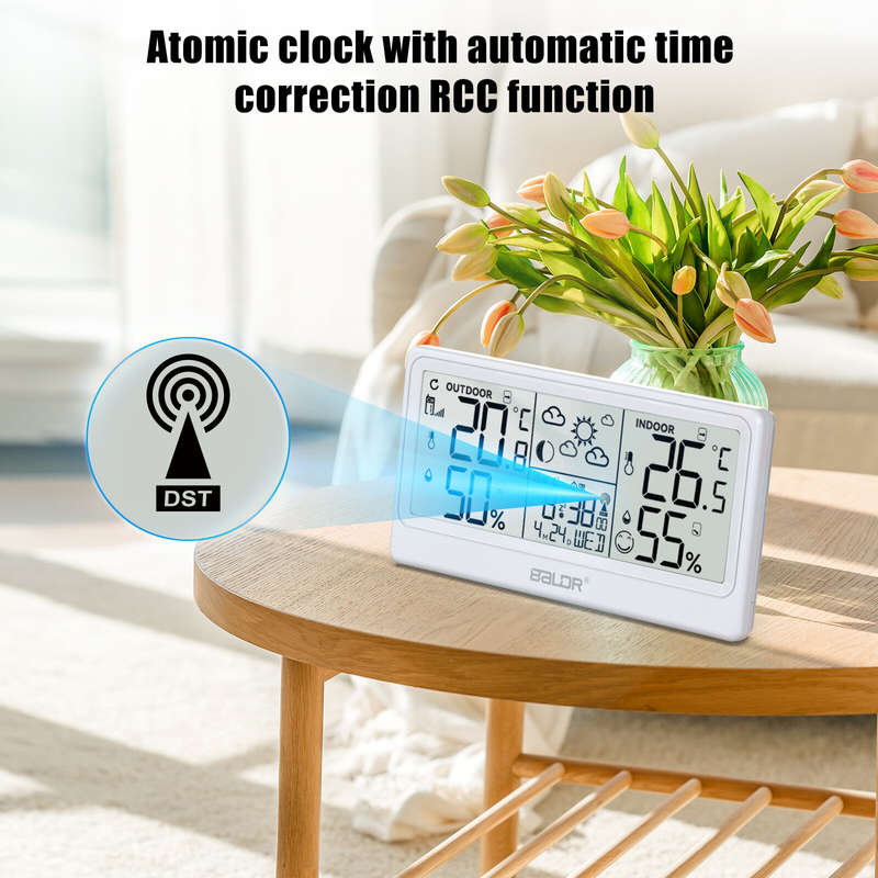 BALDR 8.5" LCD Screen Weather Station RCC Alarm Clock Digital Temperature Humidity Meter Weather For