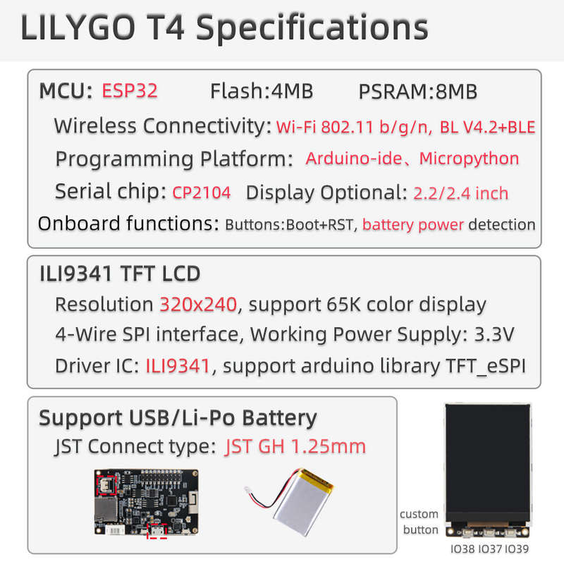 LILYGO TTGO T4 V1.3 ILI9341 2.4 inch LCD Display Backlight Adjustment CH9102F ESP32 Development Boar