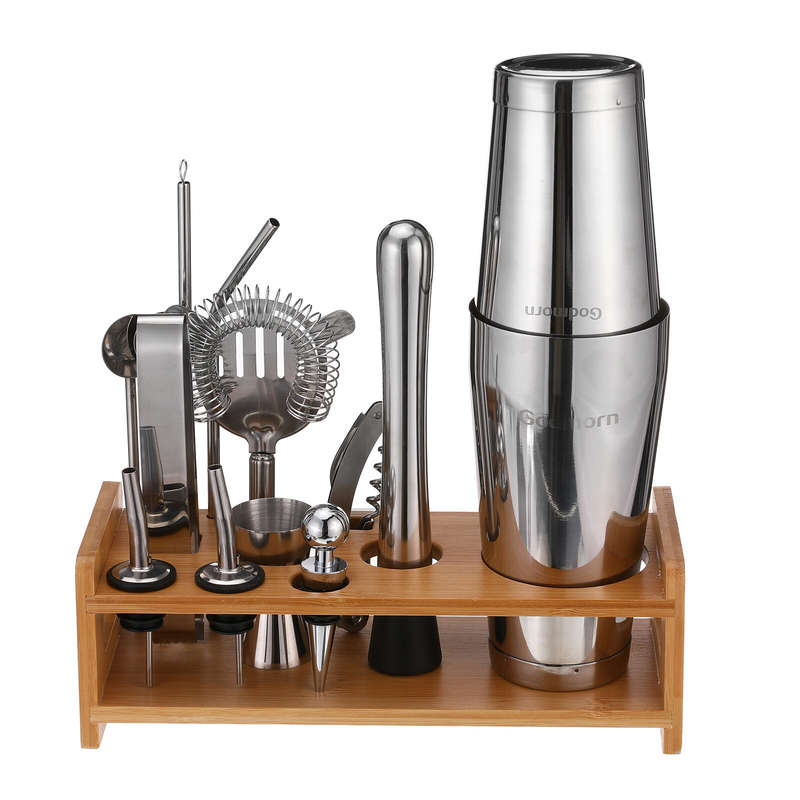 Stainless Steel 22oz Cocktail Shaker Set with Wood Stand - 16 Piece Bartender Kit with Drink Shaker,