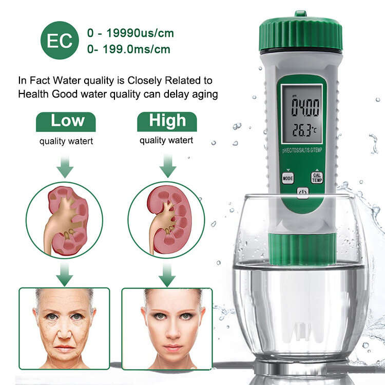 6-in-1 PH Water Quality Detection EC TDS PH SALT S.G TEMP Multi-function Water Source Measurement Pe